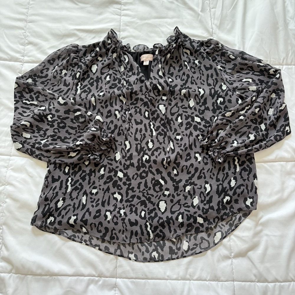 Womens Blouse XL Gray Black Cheetah Print Long Sleeve Top Office Business Casual